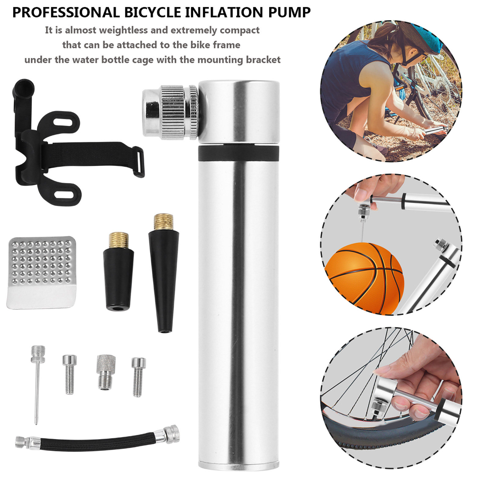 Bike Pump Frame Mount - 自転車用空気入れとパンク修理キット。小型で、素早く空気を入れられるアルミ製空気入れ。接着剤不要のパッチとフレームに取り付け可能なアタッチメント付き。