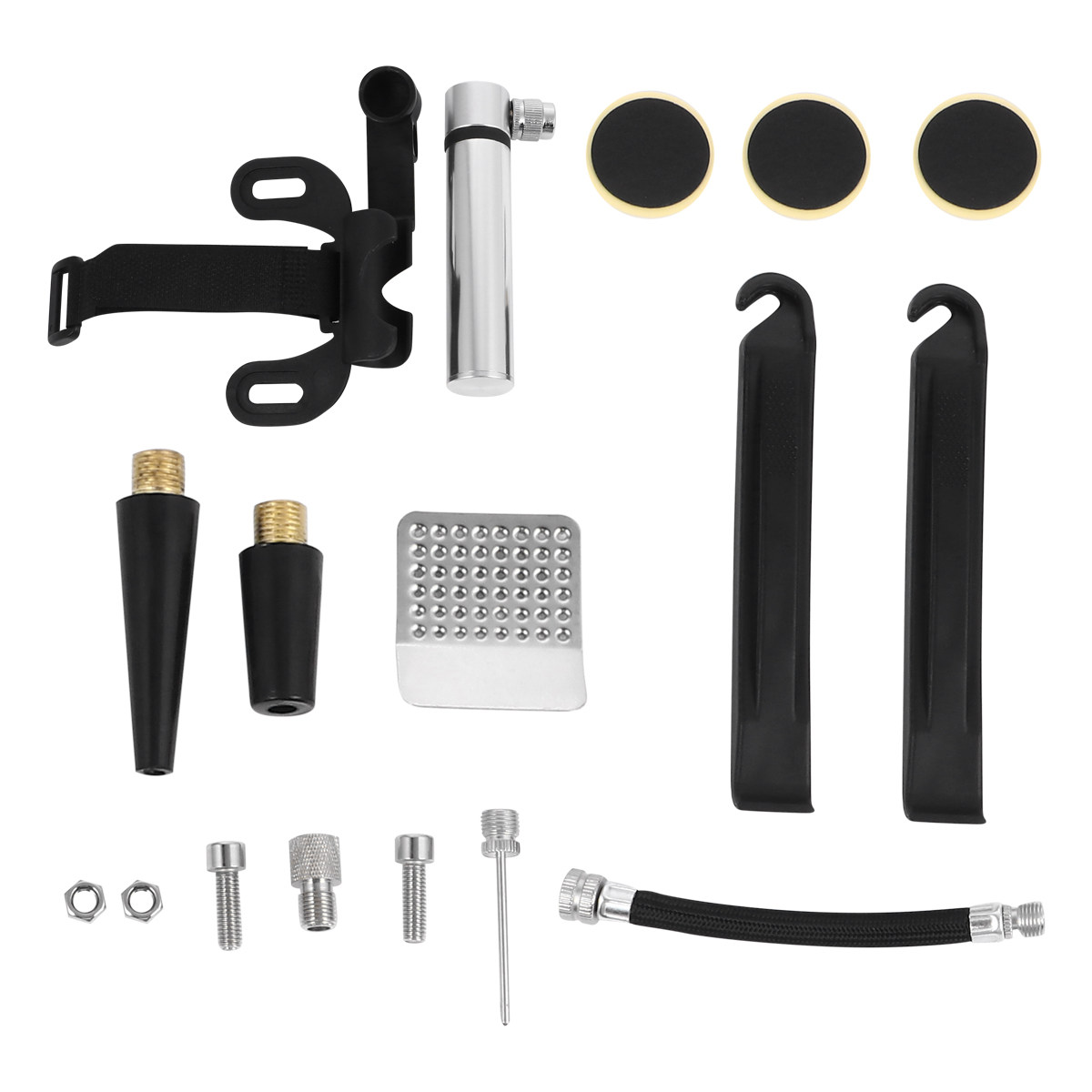 Bike Pump Frame Mount - 自転車用ポンプ、パンク修理キット、小型アルミニウム製、素早く空気を入れられる、フレームに取り付け可能、接着剤不要のパッチ、タイヤレバー付き。