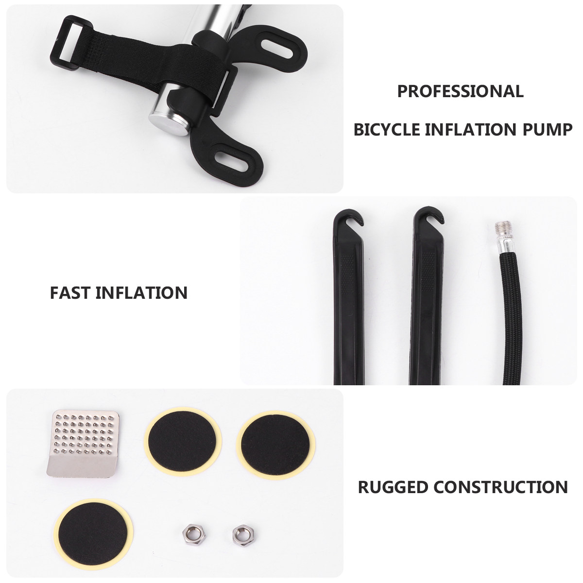 Bike Pump Frame Mount - 自転車用空気入れ、パンク修理キット、接着剤不要のパッチキット、小型アルミニウム製空気入れ、フレームに取り付け可能、軽量、サイクリング用アクセサリー、素早く空気を入れられる。